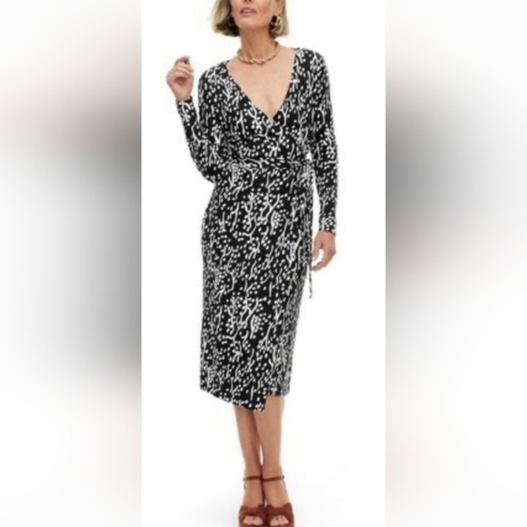 Long Sleeve Midi Sea Spots Wrap Dress Diane Von Furstenberg | BLACK & WHITE | XS - Picture 3 of 10